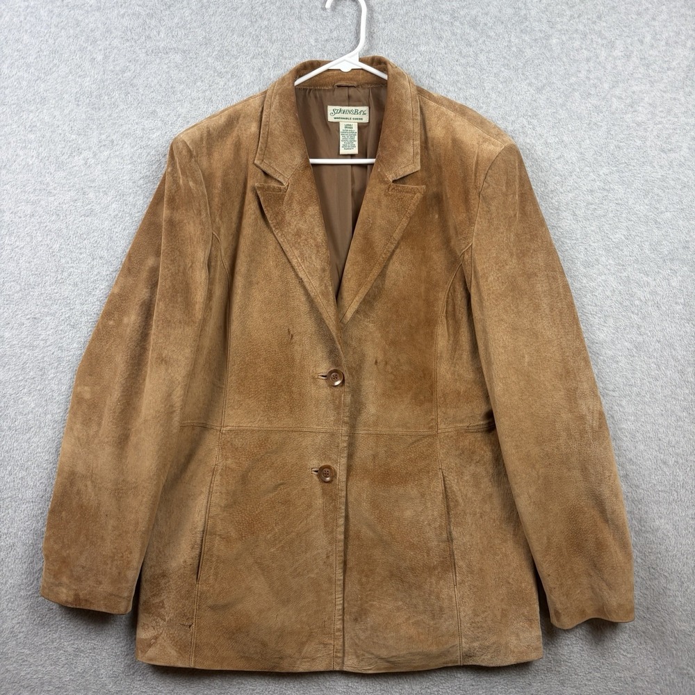Vintage St Johns Bay Suede Blazer Womens Large Tan Brown Leather Jacket Y2K Boho